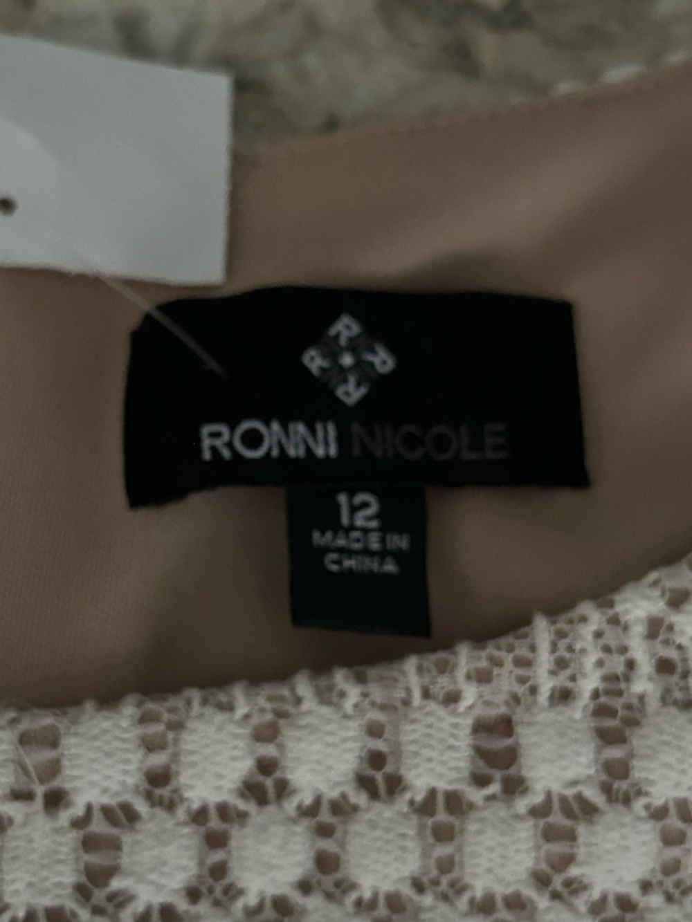 NWT Ronni Nicole Ivory Nude Crochet Lace Shift Dress 3/4 Sleeve Party Size 12 - Picture 4 of 14